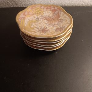 GORGEOUS VTG 6pcs Yamasen Japan Gold Plated 4" Scalloped Trinket Plates.